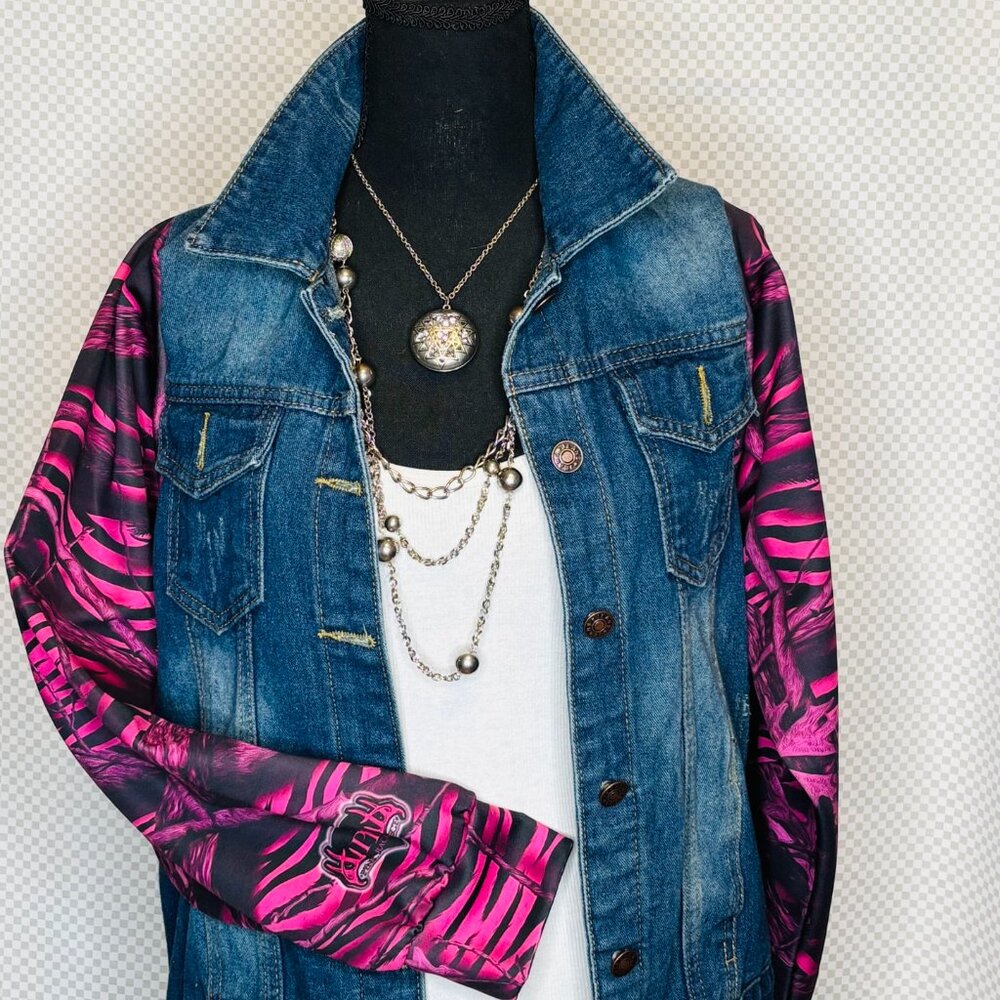 OOAK UpCycled Jean Jacket w/Bright Pink & Black sleeves - S fits like M